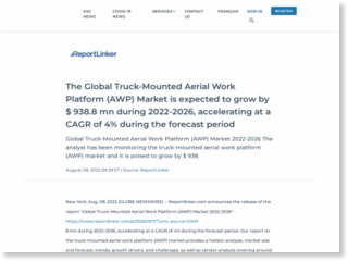 The Global Truck-Mounted Aerial Work Platform (AWP) Market is expected to grow by $ 938.8 mn during 2022-2026, accelerating at a CAGR of 4% during the forecast period – GlobeNewswire